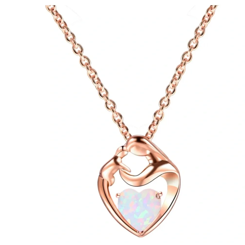 Flyow Fine Jewelry Women’s Loving Mother Child Heart White Opal Necklace